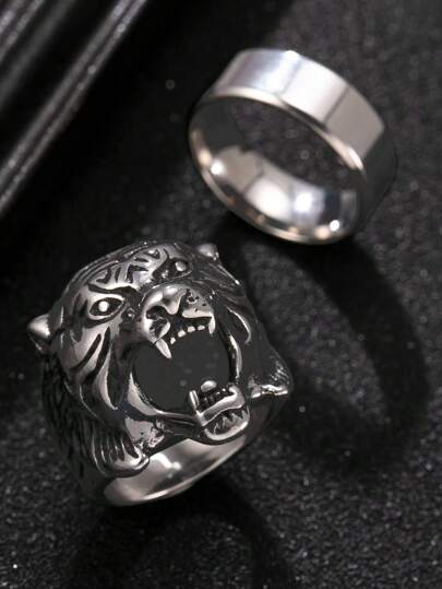 2 anéis de aço inoxidável gravados com tigre e águia, símbolo de poder, estilo punk gótico, anel masculino de alta qualidade, adequado para uso diário ou presente para namorado, ideal para o Halloween
