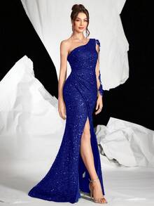 时尚亮片单肩长袖晚礼服刺绣网纱拼接长款连衣裙，优雅 - 寶藍色 - 查看 3