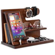 Wood Phone Docking Station For Men - Desk Or Nightstand Organizer - Birthday Gifts For Husband, Dad - Anniversary Idea From Wife - Key Holder, Stand Wallet, Watch & Essentials - màu nâu - Xem 1