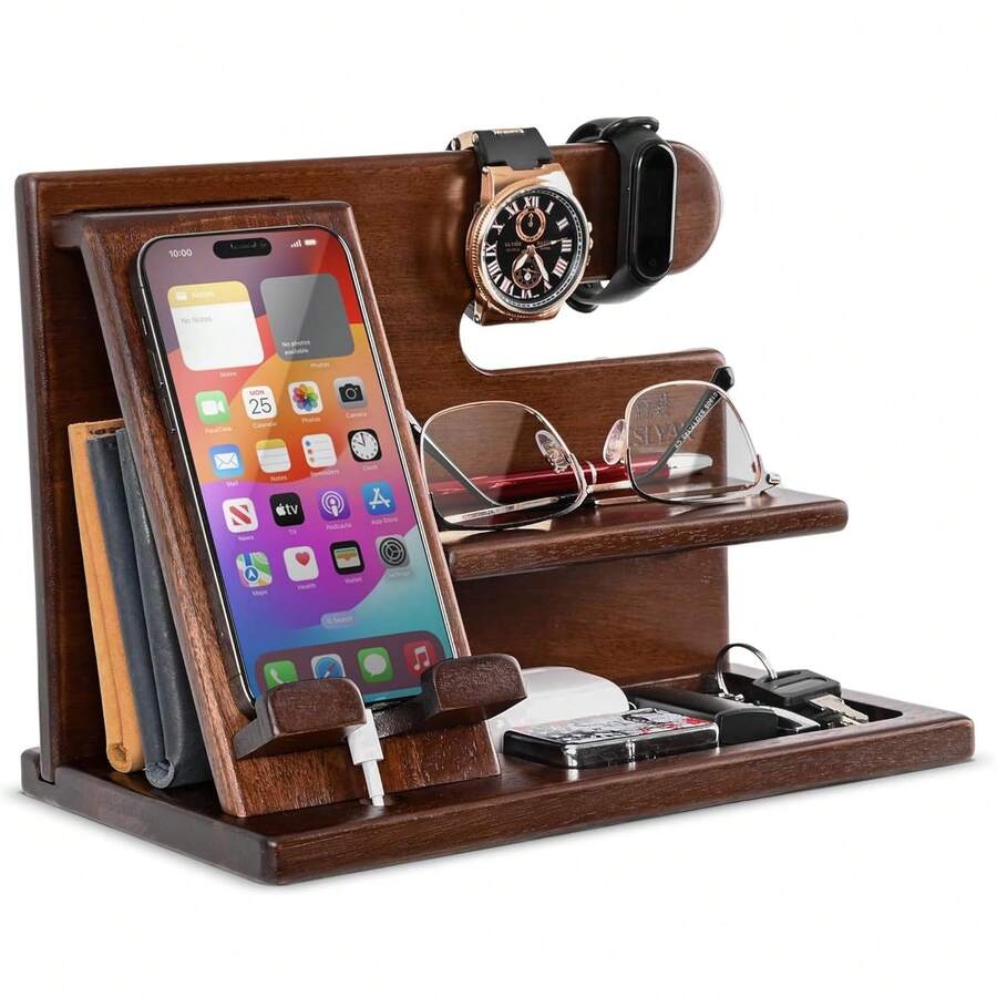 Wood Phone Docking Station For Men - Desk Or Nightstand Organizer - Birthday Gifts For Husband, Dad - Anniversary Idea From Wife - Key Holder, Stand Wallet, Watch & Essentials - màu nâu - Xem 1