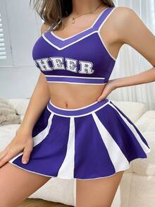 女子啦啦队制服蓝白文胸和迷你裙套装，设计精美 - 紫色 - 查看 5