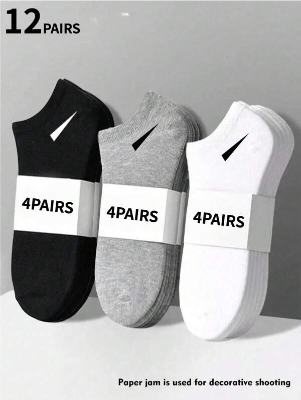 12 perechi de șosete scurte versatile unisex, negre, albe, gri, culori solide minimaliste, potrivite pentru purtare zilnică