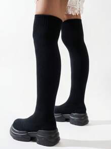 女式黑色厚底过膝长靴、复古针织弹力袜靴、高跟防水台长筒袜靴、圆头套穿切尔西靴、时尚派对马靴