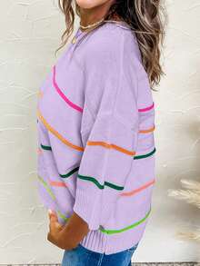 Acelitt Casual Contrast Stripe Off-Shoulder 3/4 Sleeve Ribbed Crew Neck Knit Top, Suitable For All Seasons