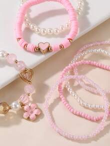 8pcs Girls' Pearl Beaded Heart & Flower Bracelet Set - Multicolor - View 4