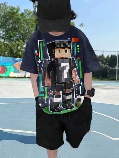 Camiseta casual y de moda, con patrón de dibujos animados y cuello redondo de manga corta, ropa para niños para actividades al aire libre, artículo talla grande vendido