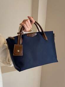 Nueva bolsa cuadrada portátil de tela de nailon impermeable de unicolor con doble asa, se puede colgar, adecuada para viajar, comprar y desplazarse, bolso bandolera vintage con hebilla de aguja, bolso de mano de gran capacidad - Azul - Ver 4