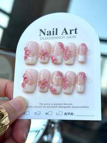 10片裸肤法式少女3D粉色花卉图案美甲贴片，手工制作，全覆盖法式方型中长款，三维手绘雕刻花朵设计，亮泽美甲用品 - 彩色 - 查看 4