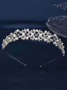 1pc Glossy Zinc Alloy Pearl & Rhinestone Bridal Crown Headband, Wedding Dress Jewelry Accessory - Silver - View 1