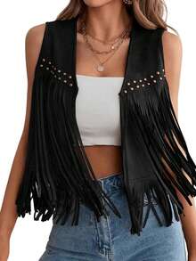 Chaleco de gamuza con borlas para mujer, estilo hippie de los años 70, sin mangas, con abertura frontal, chaqueta estilo western - Negro - Ver 7