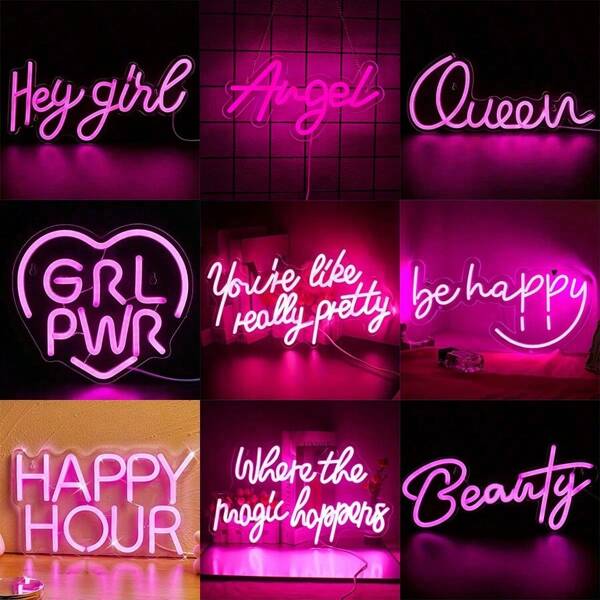 Queen,Hey Girl,Beauty,Angel,You Are Like Really Pretty,Be Happy,Happy Hour,Where The Magic Happens Neon Sign,Pink LED Neon Light Up Signs For Wall Decor Usb Powered Neon Light For Bedroom Pretty Girl Aesthetic Room Dorm Decor Party Gifts,Halloween, Thanksgiving, Valentine's Day, Christmas Gifts