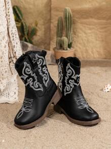 儿童靴子，百搭户外时尚童鞋，舒适内衬西部公主靴，带可爱刺绣 - 黑色 - 查看 4