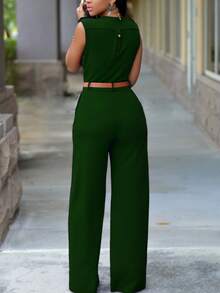 Women High Waist V-Neck Flared Jumpsuit With Belt, Asymmetrical Suit Set - Dark Green - View 2