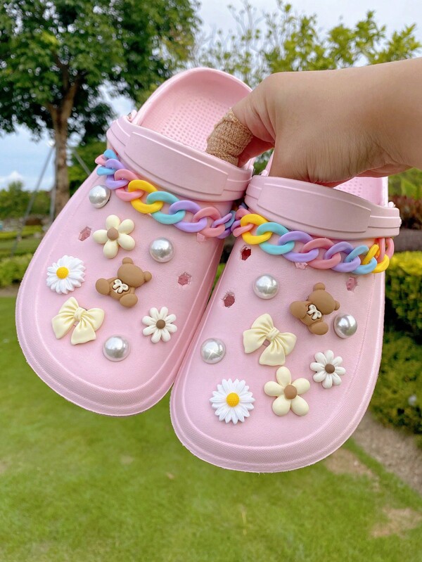 18 piezas Clips de cadena, lazo, oso, flor, arco, ABS con perlas DIY, accesorios multifuncionales para sandalias, zapatillas, bolsas de playa para mujeres, adecuados para regalos de fiestas de cumpleaños y días festivos