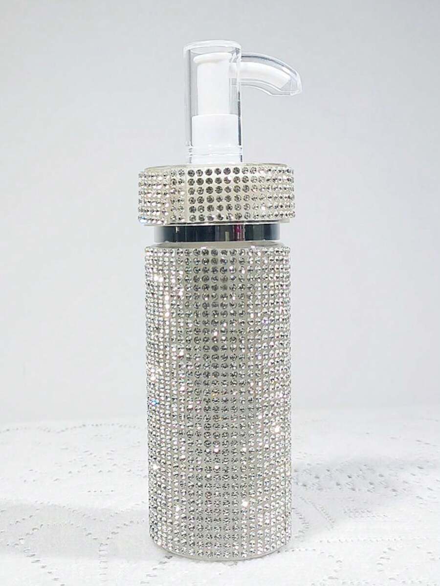 1 件可再填充 200 毫升水钻镶嵌乳液分配器泵瓶，奢华闪亮风格，无缝圆柱形，带全水钻图案
