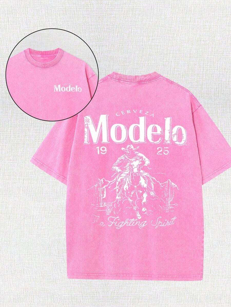 Men Shirts Modelo Men's Washing Cotton T-Shirt, Cotton, Casual Sports Style T Blood, Fashionable Street Style, Suitable For Travel And Sportswear, Men Clothes - Rose Pink - 查看 1
