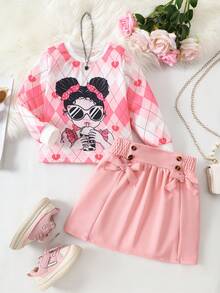 2pcs/Set Girls Young Girl Fashion Digital Print Girl Graphic Sweatshirt + Elastic Waist Comfortable Skirt, Suitable For Autumn/Winter Outdoor, Street, Sports, Skateboarding