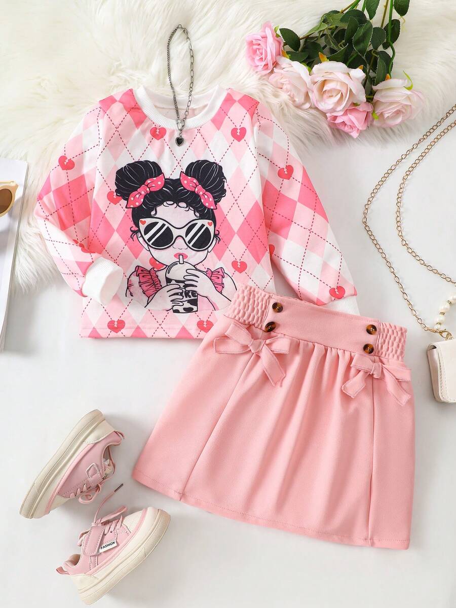 2pcs/Set Girls Young Girl Fashion Digital Print Girl Graphic Sweatshirt + Elastic Waist Comfortable Skirt, Suitable For Autumn/Winter Outdoor, Street, Sports, Skateboarding
