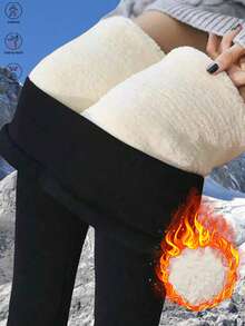 Women's Warm Fleece Lined Leggings, High Waist Design, Comfortable Stretch, Thermal Long Pants, Winter - Black - View 1
