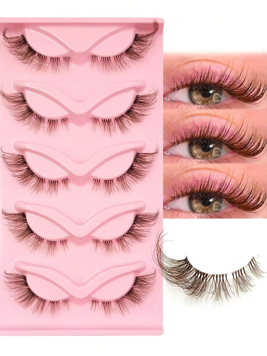 Rikuaild 5 Pairs Brown Cat Eye False Eyelashes, Transparent Band Fox Eye Lashes, Brown Faux Mink Eyelashes, Criss-Cross Fluffy Wispy False Lashes, Natural Look Fake Eyelashes, Eyelash Extension Makeup - 眼尾拉長款 - 查看 1
