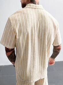 男士休闲条纹前扣短袖衬衫，夏季