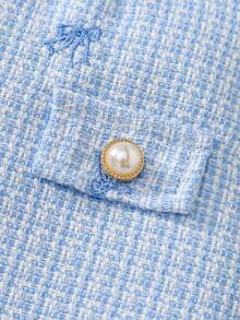 女宝宝圆领喇叭袖罗纹白色T恤+圆领无袖露背蝴蝶结刺绣珍珠纽扣蓝色连衣裙两件套 - 彩色 - 查看 7