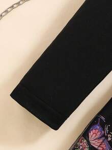 1pc Elegant Round Neck Long Sleeve Butterfly Print Flare Dress, Knee-Length, Mesh Detail, Suitable For Children, Spring/Autumn - Black - View 3