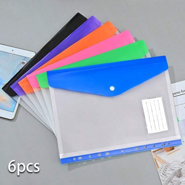 6pcs A4 Size Plastic Buttoned File Folders, Large Capacity Document Bag, Portfolio, Test Paper Storage Bag, Transparent Document Storage Bag