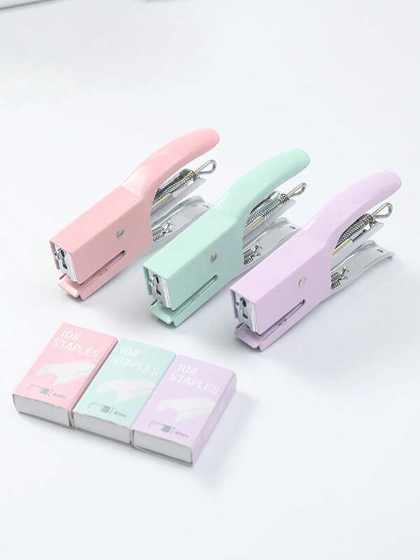 1set Macaron Metal Grip Stapler Set, Labor-Saving Takeaway Packing Binding Machine Small Office Stapler, 750 Nails, Optional, Pink, Purple, Green, Up To 10-16 Sheets Of Paper, For School Office Home, Back To School Season