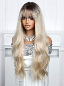 长波浪卷发带刘海 26 英寸渐变金色合成耐热假发 女士日常聚会度假旅行日常佩戴节日礼物 - 漸變金色 - 查看 5