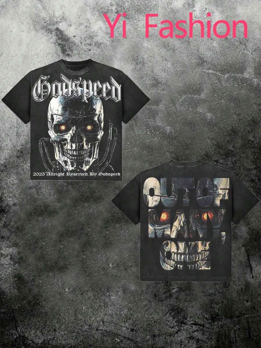 Double Sided Printing (220 Pieces Of Pure Cotton T-Shirts) Metallic Texture Pattern  Printing Casual Pure Cotton Printing Men's Summer Round Neck Short Sleeved Lining - 黑色 - 查看 1