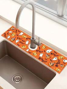 1pc 10*38cm (3.93*14.96inch) Halloween Decorative Sink Mat, Pumpkin & Ghost Print Kitchen Sink Countertop Protector Pad, Adding Holiday Atmosphere, Halloween Home Party Decor, Cute Orange BOO Theme - Multicolor - View 7