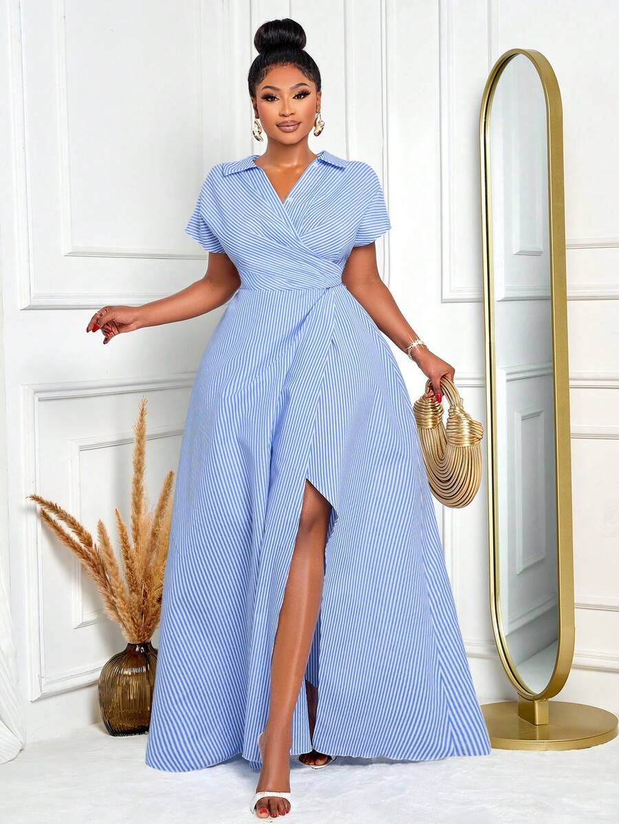 BIUBIU 大码女式性感优雅条纹碎花连衣裙，适合日常通勤时尚套装、茶会、早午餐、乡村音乐会、夏季 - 藍色 - 查看 1