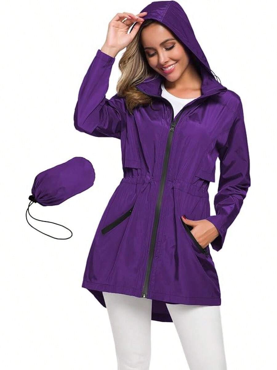 Women's Long Raincoat With Hood Outdoor Lightweight Windbreaker Waterproof - Màu tím - Xem 1