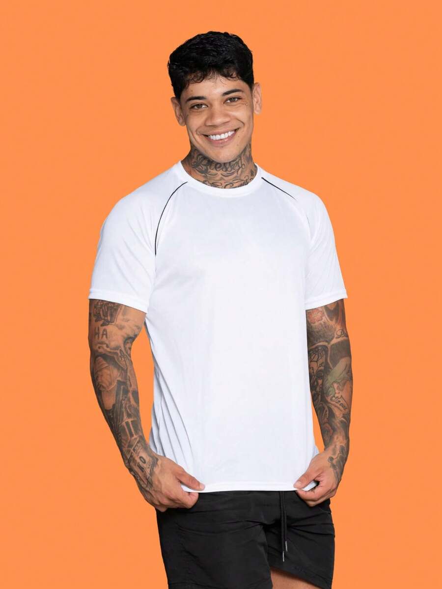 Men's Dry Fit Short Sleeve Sports Shirt, Polyester With Elastane, Training Gym - White - View 1