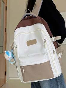 Colorblock Large Capacity Multi-Pocket Zipper Closure Laptop Backpack, Back To School, Outdoor Casual Unisex Backpack, No Accessories - Khaki - View 5