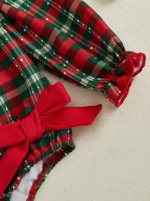 Baby Girls Christmas Plaid Romper Cute Santa Claus Embroidery Long Sleeve Doll Collar Jumpsuit With Bow Headband