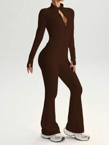 FWH 两件套街头风修身套装，包括带拇指孔的拉链外套和高腰喇叭裤（腰部可调节），塑形提神，提升女性自信的运动服套装。 - 棕色 - 查看 7