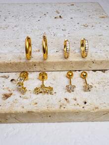 4对简约花卉锆石耳钉，可叠戴，女士款；精致14K镀金夹式耳夹；小巧扁平耳钉，适合耳垂、耳骨及多个耳洞佩戴 - 4Pairs-Gold1# - 查看 5