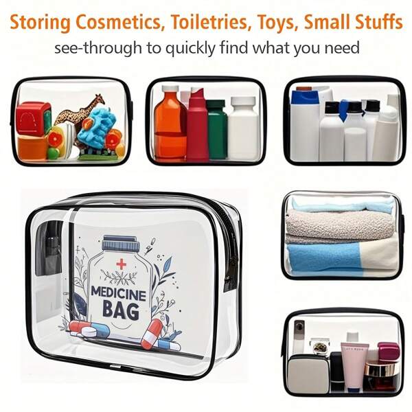 Grand sac de rangement en PVC avec fermeture éclair, facile à nettoyer, organisateur de voyage durable pour femmes et filles - parfait pour les médicaments, le maquillage, les articles de toilette - design transparent avec illustration de bouteille de médicament, accessoires de plage, accessoires de piscine