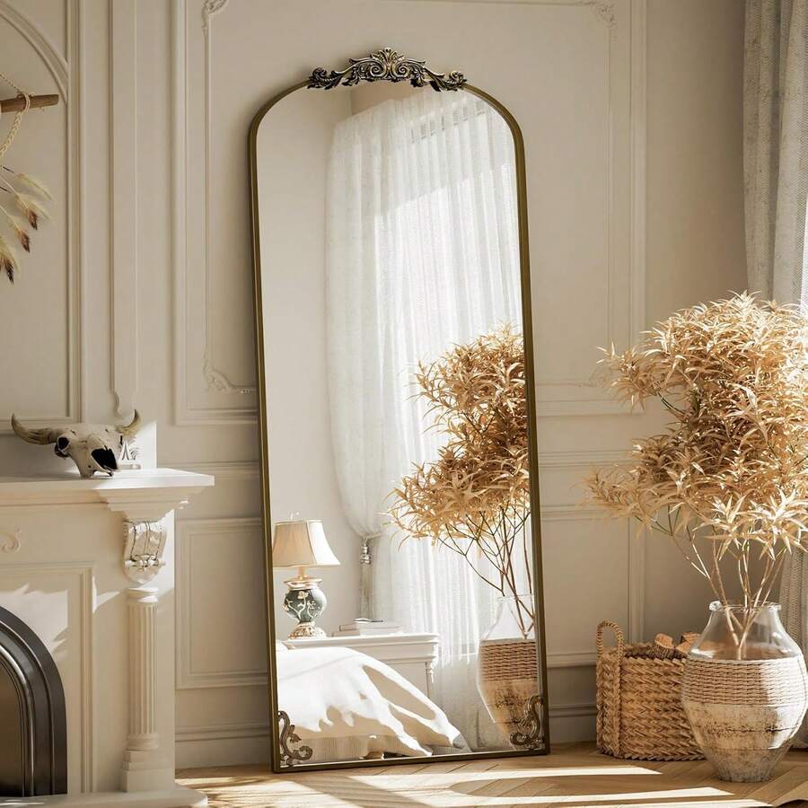 Furnbar Arched Full Length Mirror, 65"X24" Floor Mirror With Carved, Full Body Mirrors For HomeDecor, Standing/Halling Large Wall Mirror For Bedroom, Living Room, Cloakroom, Bronze, Retro Style - Đồng - Xem 1