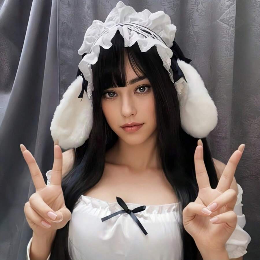 1pc Lolita Rabbit Ear Headband With Bow, Plush Rabbit Ears With Lace Bow, Suitable For Party Costumes, As Gift For Friend's Birthday, Back To School, Thanksgiving Halloween