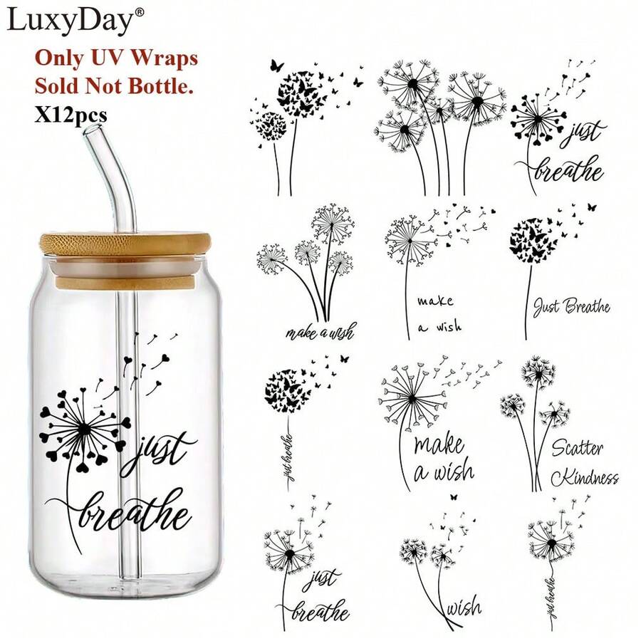 UV DTF 杯子转印纸 - 12 张蒲公英 UV DTF 杯子包装纸，适用于 16 盎司玻璃咖啡杯，Just Breathe Uvdtf 转印纸，适用于水瓶工艺品创意礼品，LuxyDay 品牌 - 黑色 - 查看 1