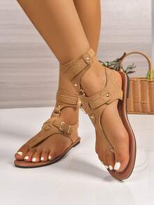 女士夏季新款休闲罗马凉鞋，纯色人字拖设计，搭扣闭合，更舒适的户外休闲百搭人字拖 - 棕色 - 查看 4