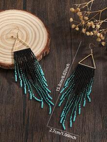 手工制作的 1 对串珠耳环，波西米亚风格耳环，复古金属三角流苏撞色吊坠耳环，黑绿撞色耳环，时尚耳环配饰，适合日常、度假、节日礼物 - 三角黑綠色 - 查看 2