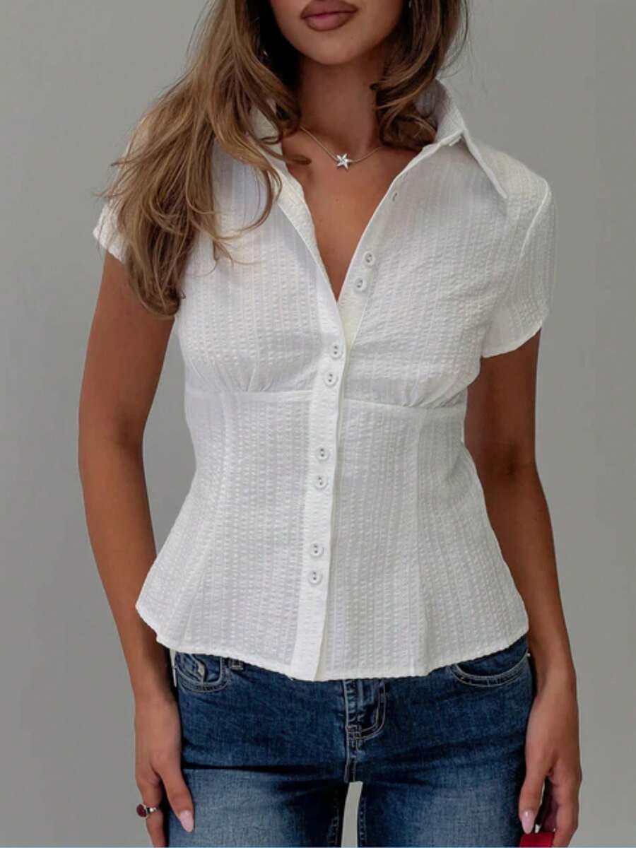 Women's Y2K Plaid Shirt Button-Up Short Sleeve Collared Slim Fit Casual Summer Blouse Tops - White - View 1