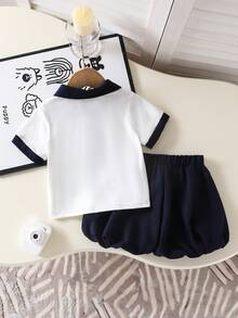 2 件套女婴马球领刺绣背心和泡泡短裤套装，可爱优雅的街头风格