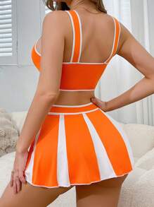 女士清新蓝+白啦啦队制服性感印花胸罩和裙子套装 - 橘色 - 查看 2
