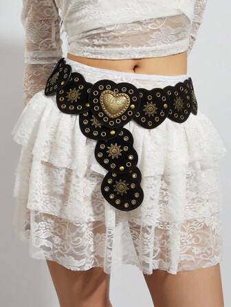 BOHO Style Heart Patchwork Rivet Decor Western Retro Waist Belt Accessory, Suitable For Skirts, Music Festivals, Parties, Y2K, Plus Size, Valentine's Day