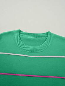 Acelitt Four Season Applicable Color Blocked Striped Seven Quarter Sleeve Off Shoulder Ribbed Round Neck Casual Knitted Top